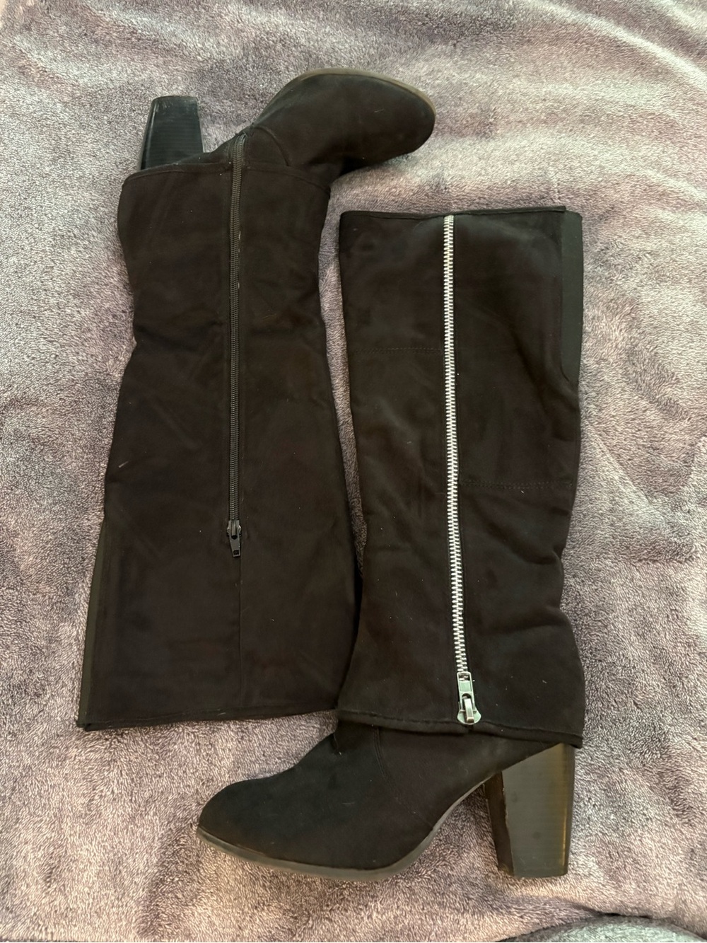 Black Fold Over Slouch Cuff Heeled Boots Almond Toe Mid Calf Grunch Y2K sz 10 M